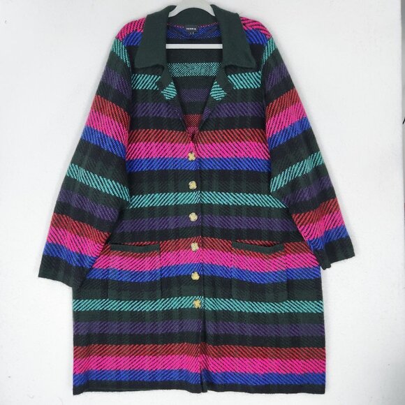 Torrid Sweater Womens 5X Pink Black Striped Coatigan Jacket Button Front Long - Picture 1 of 13